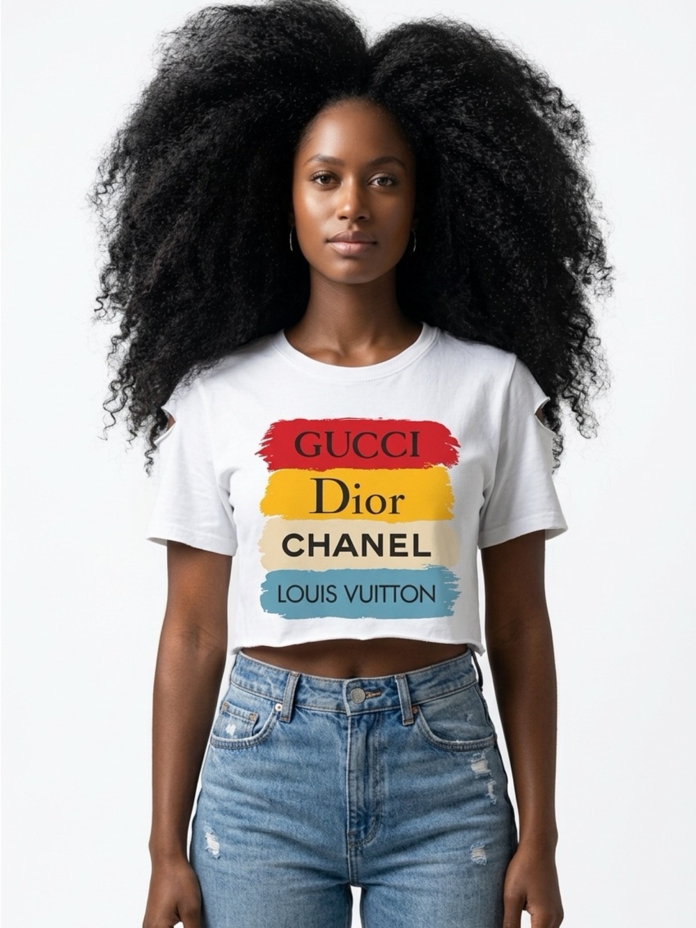 Upcycled White Cropped Graphic Tee with Multicolor Luxury Logo Stripes size S